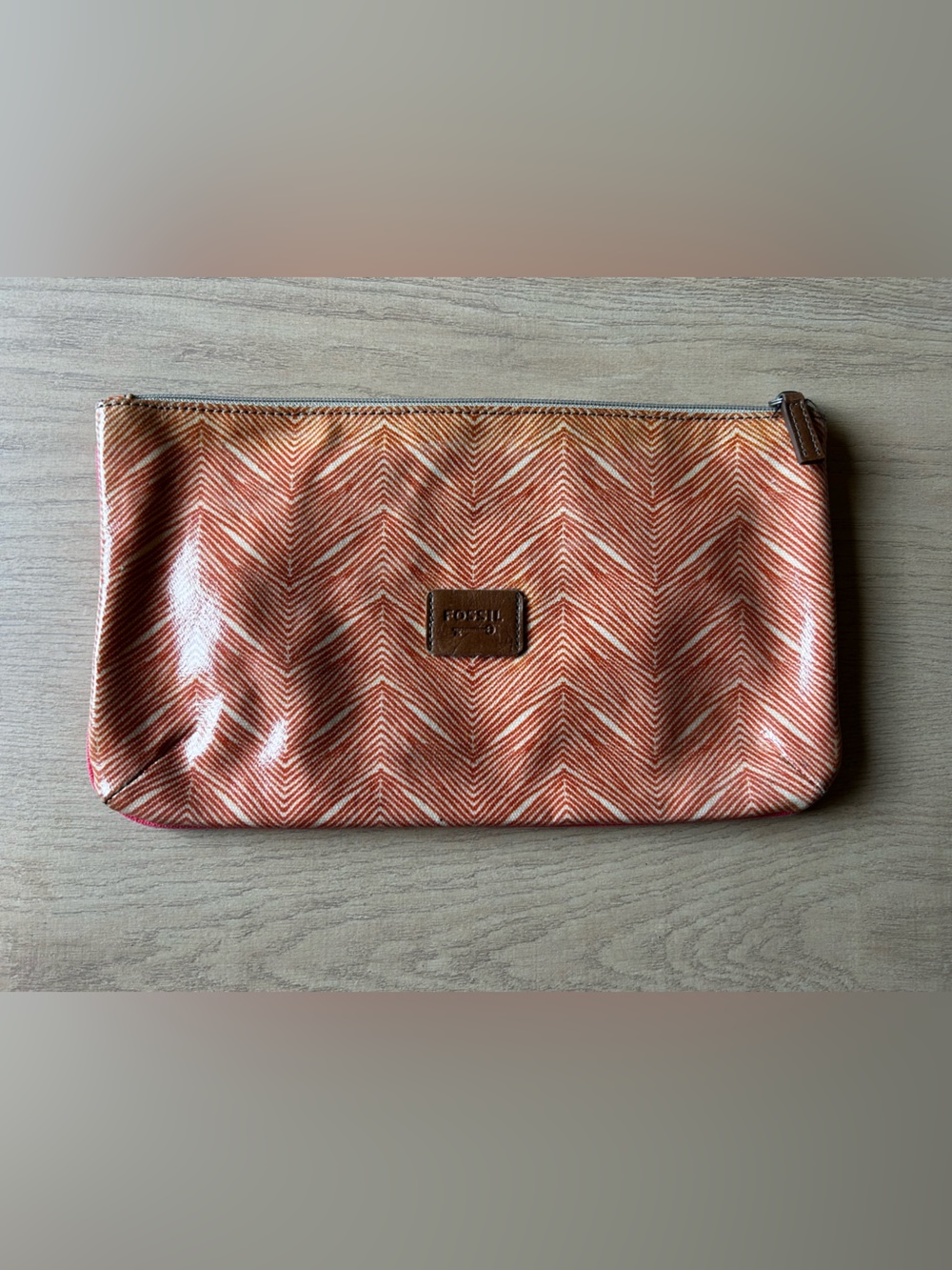 Fossil Orange Chevron Lined Pouch w/ Leather Logo & Pink Interior Logo Tag